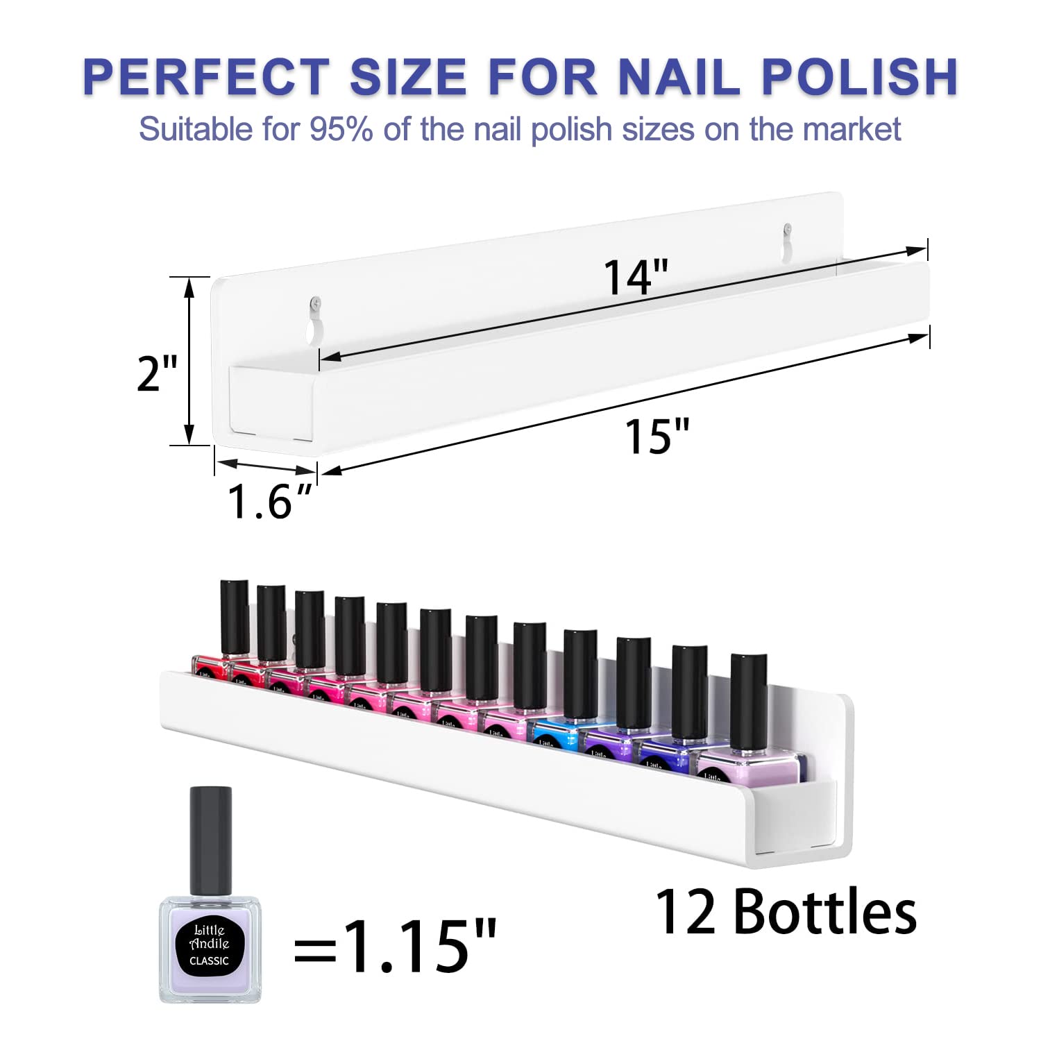 Femeli Nail Polish Wall Rack: 6 Shelves 15 Inch White Acrylic Nail Polish Holder Organizer For 66-90 Bottles, Multi-Purpose Acry