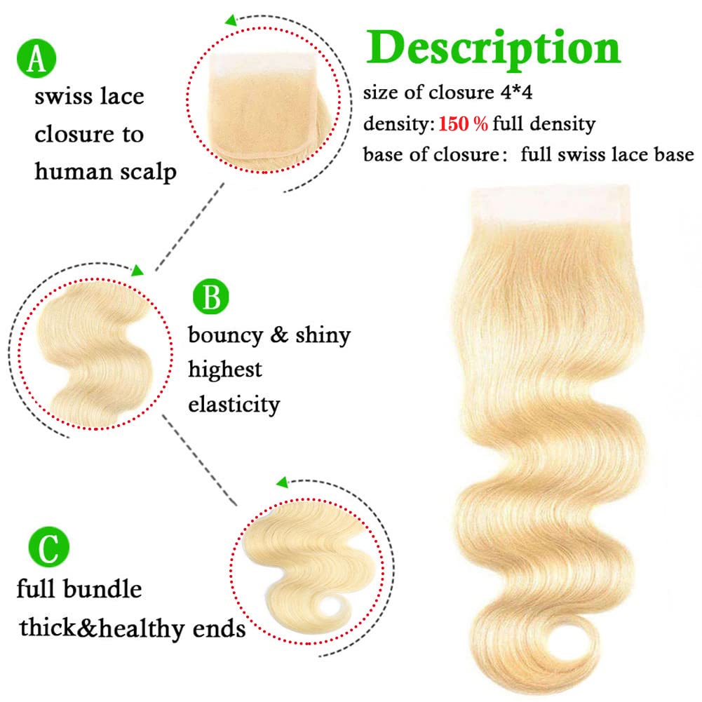 613 Blonde Bundles With Closure (12 14 16+10'') 12A Grade Brazilian Virgin Blonde Body Wave Hair 3 Bundles With Transparent Lace