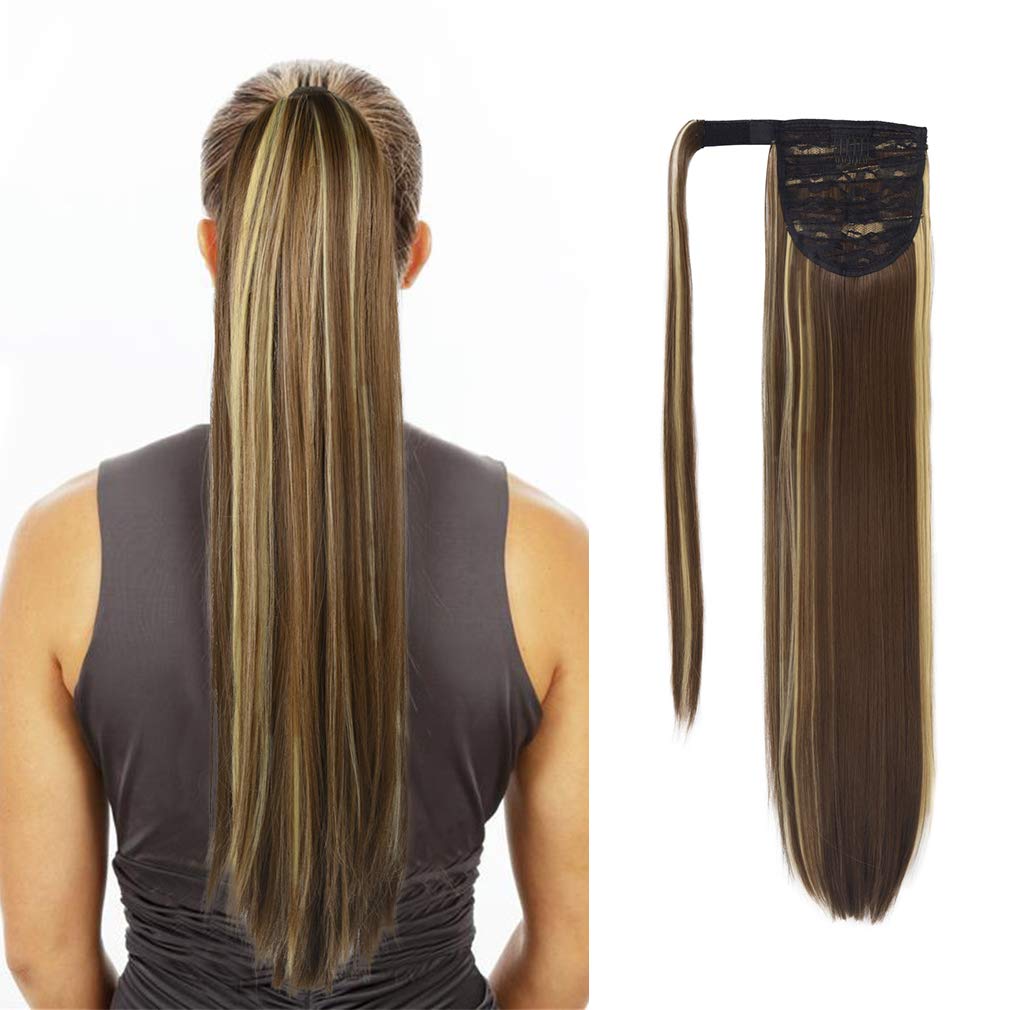 SEIKEA Clip in Ponytail Extension Wrap Around Straight Hair for Women (28 '', Brown/Ash Blonde Mix)