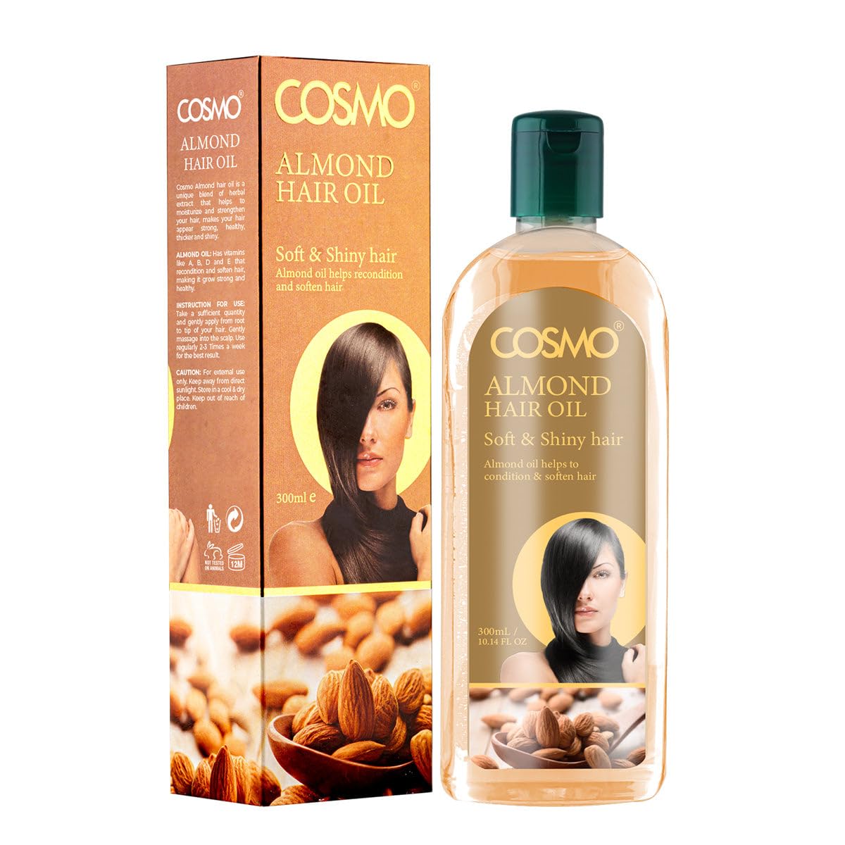Cosmo Hair Care Almond Hair Oil 300ml  10.1 Fl. Oz, Almond Extracts, Healthy, Soft & Shiny Hair, Non Greasy Formula, Deeply Moi