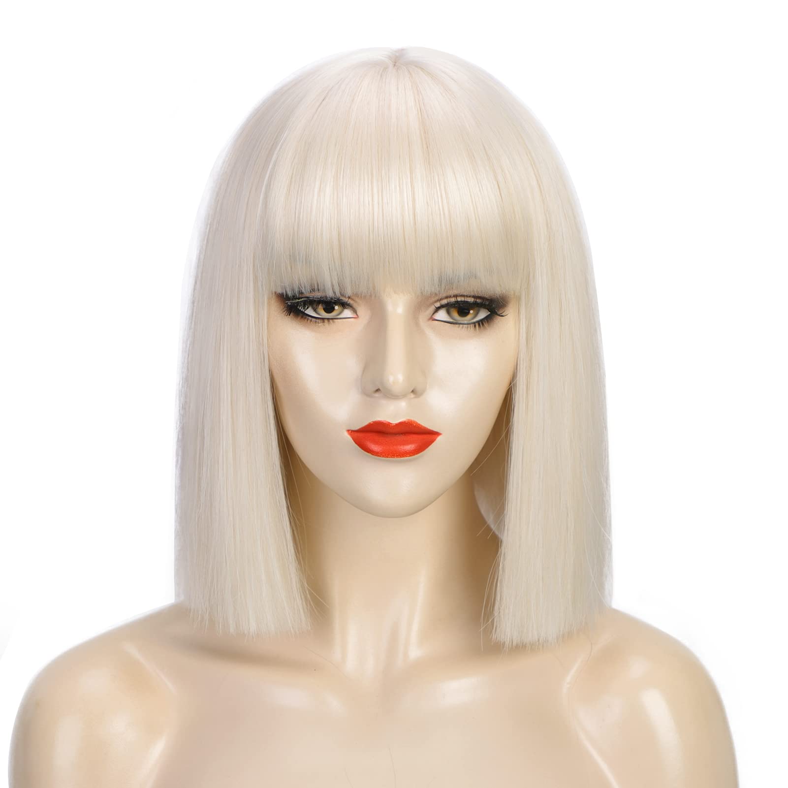 ENTRANCED STYLES Blonde Bob Wig with bangs, Platinum Blonde Wigs for women Heat Resistant Synthetic Wigs Daily Party Halloween C