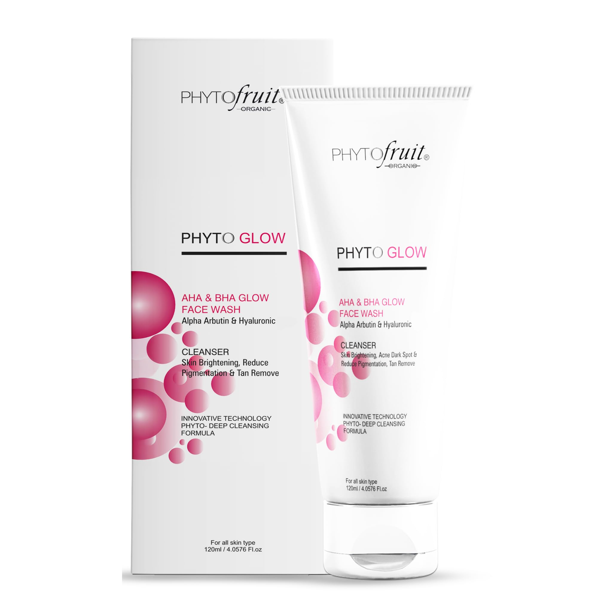 Phytofruit Organic Phyto Glow Aha & Bha Face Wash With Alpha Arbutin & Hyaluronic, Skin Brightening Cleanser For Dark Spots, Dee