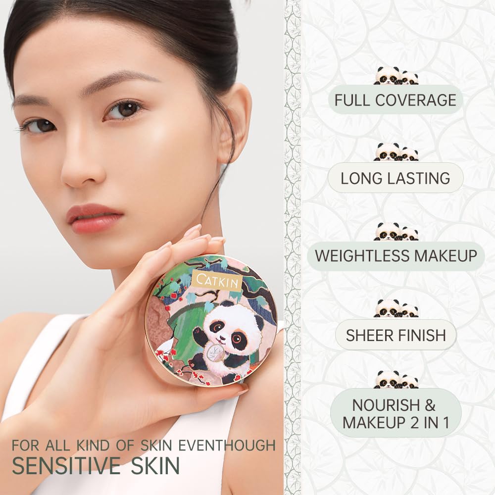 CATKIN Panda Land Full Coverage Cushion Fondation, Breathable Hydrating Nourishing Poreless Face Makeup Save for Sensitive Skin,