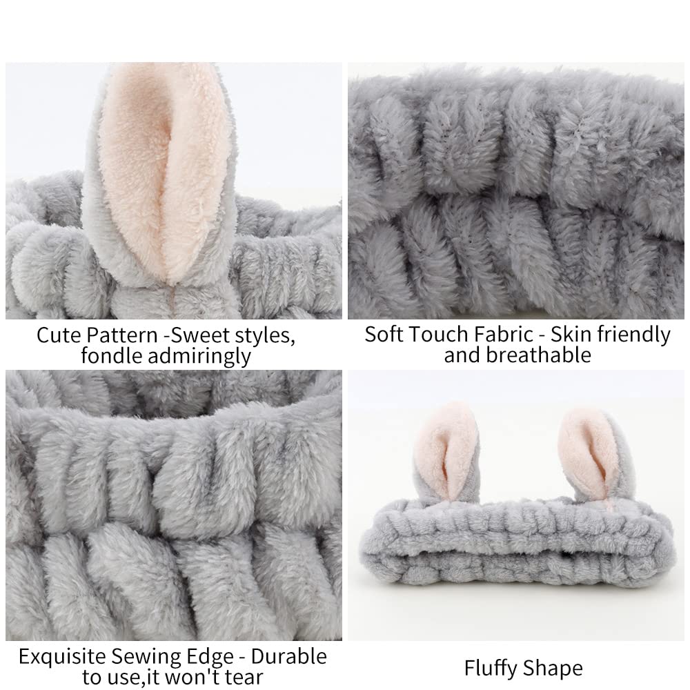 Ahoney Animals Ears Headbands, Cute Makeup Spa Fuzzy Skincare Headband For Washing Face Headband For Women Girls Coral Fleece El