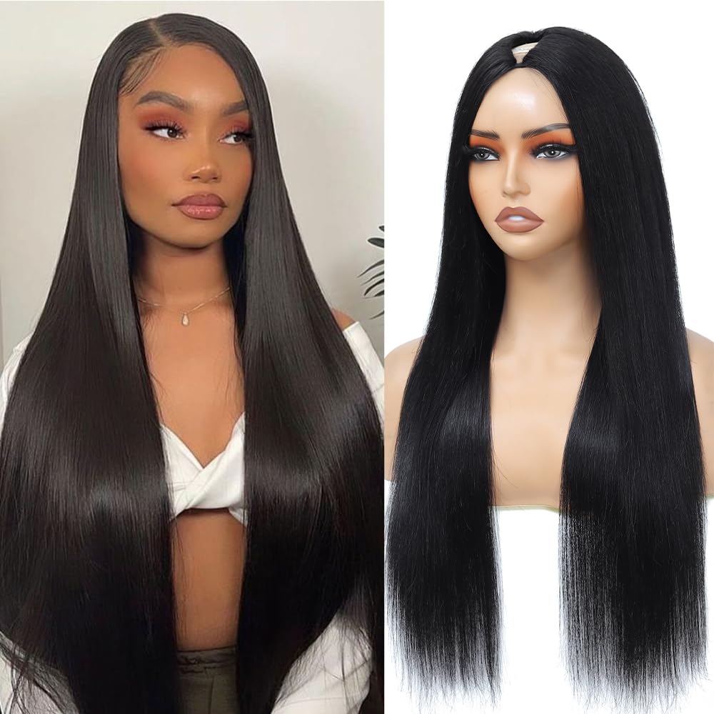 Aolvoblees V Part Wig Human Hair Straight No Leave Out Upgrade U Part Wig for Women Clip in Half Wig Beginner Friendly 180% Dens