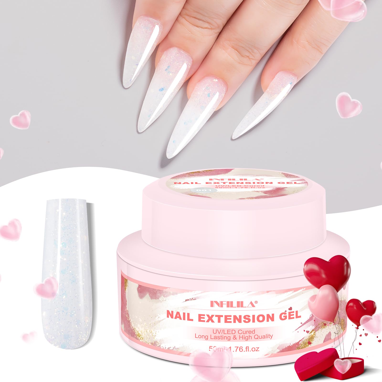 NXJ INFILILA Poly Nail Gel Builder Gel for Nails, 50ml Milky White Poly Nail Gel Colors, Hema-Free Glitter Nail Extension Gel Va