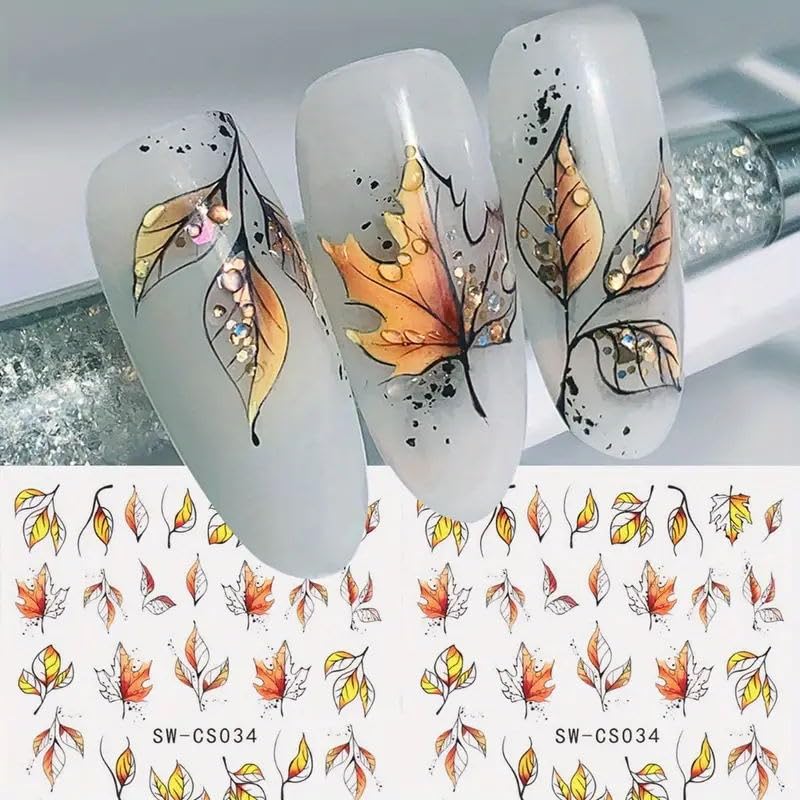 Autumn Maple Leaf Nail Art Stickers Fall Leaf Nail Decals 6PCS Leaf Plant 3D Self-Adhesive Nail Art Supplies Decals Fall Sticker