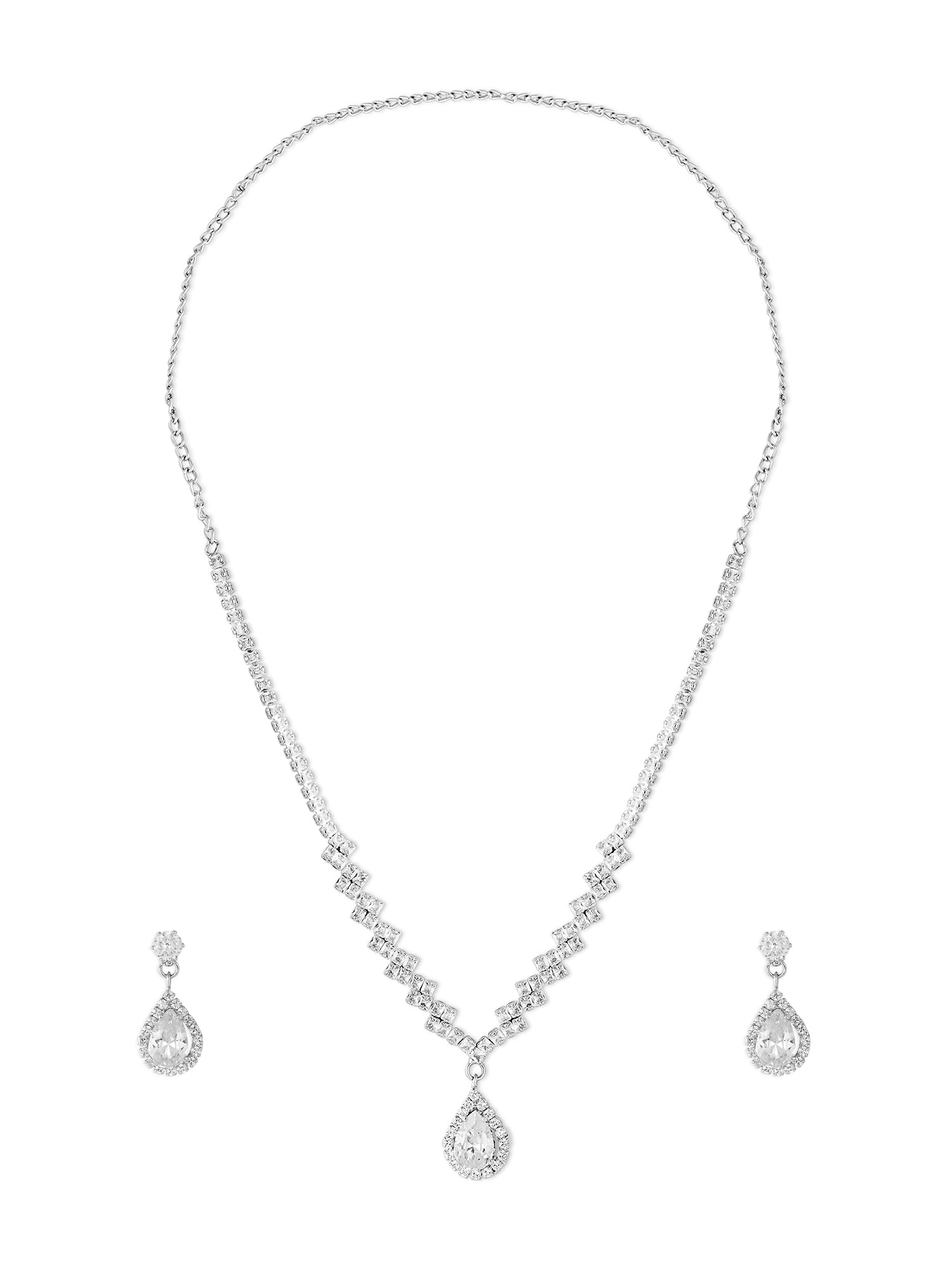 Zaveri Pearls Silver Tone Dazzling Austrian Diamonds Embellished Contemporary Necklace & Earring Set For WomenZpfk18200