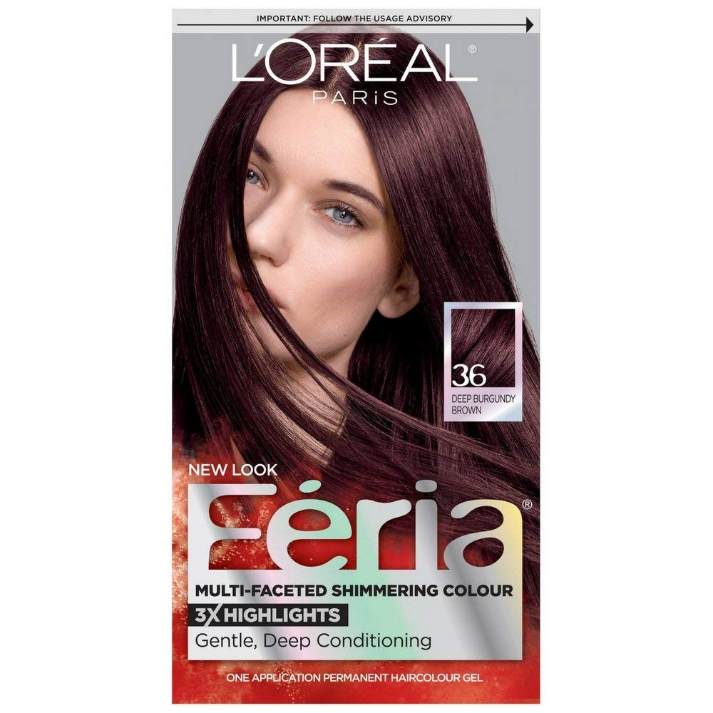 L'Oreal Feria Multi-Faceted Shimmering Colour, Warmer, 36 Deep Burgundy Brown, 1 ea (Pack of 4)