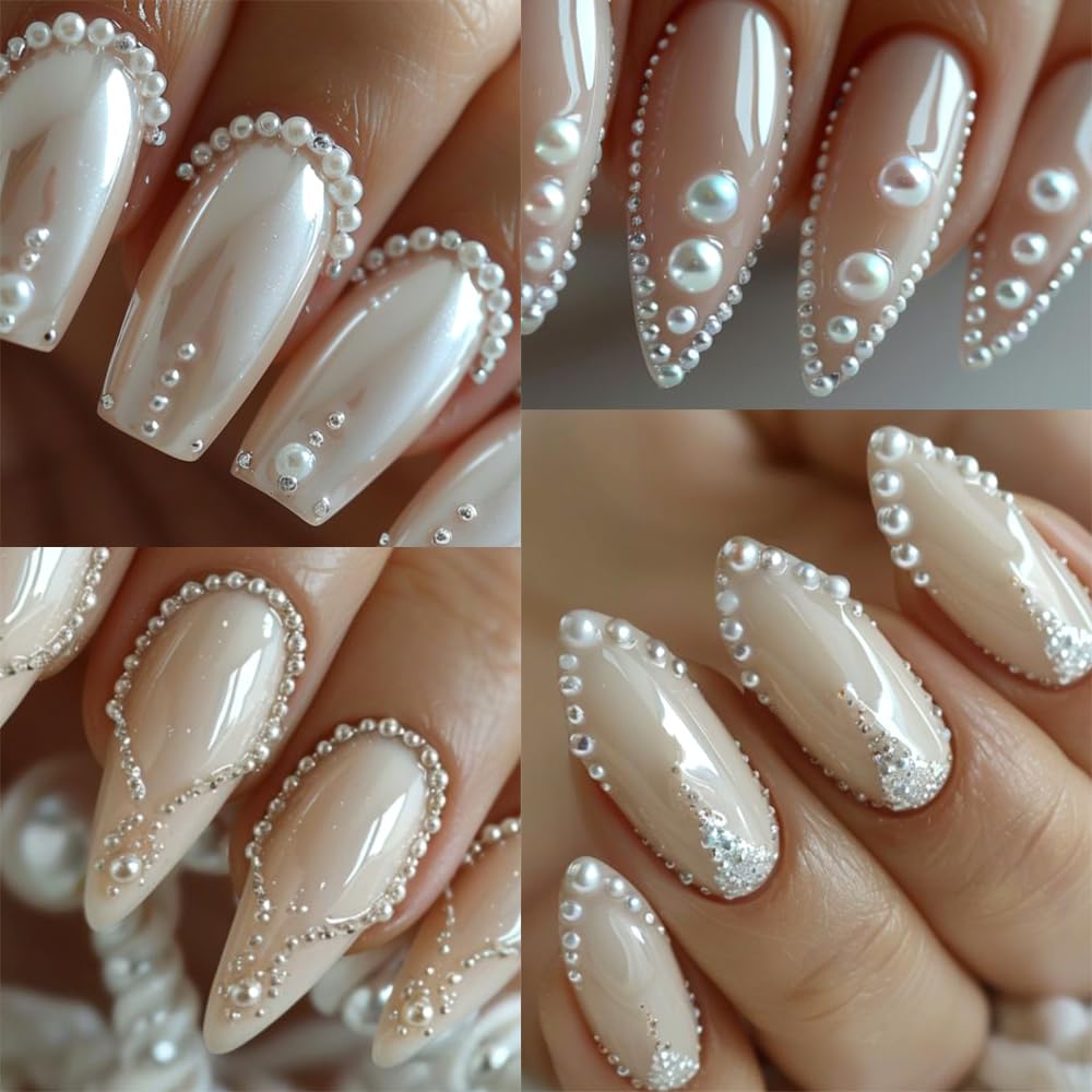 Multi Sizes Round And Half Round Pearls 3D Nail Charms, White Flatback Pearls Nail Jewelry For Women Girls Manicure Nails Suppli