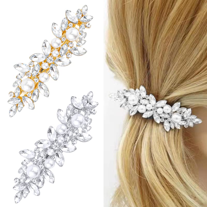WHAVEL 2PCS Pearl Barrettes for Women, Rhinestone Hair Clips Pearl Hair Barrettes French Barrette Hair Clips Bridal Hair Pins De