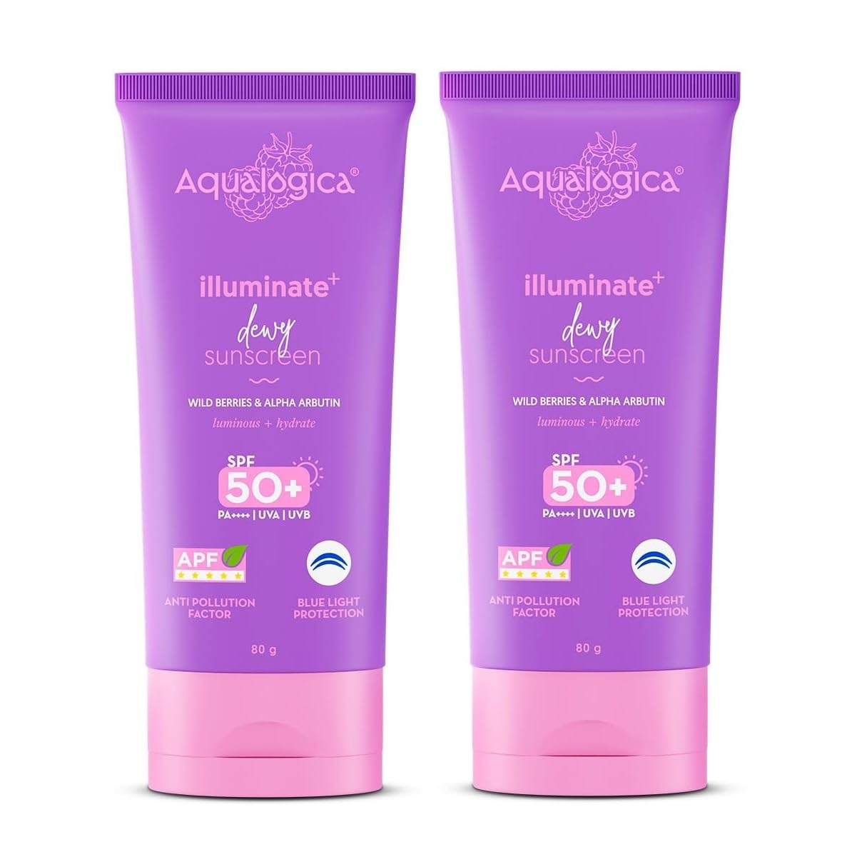 Aqualogica Illuminate+ Dewy Sunscreen Spf 50+ Pa++++ With Anti Pollution Factor (Apf) | Wild Berries & Alpha Arbutin - 80G (Pack