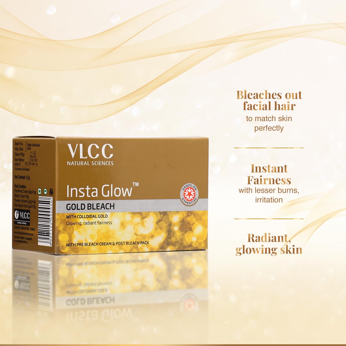 VLCC Gold Facial Kit - Single Use | Salon Like Facial at Home in Just 6-Steps | Includes Cleanser, Scrub, Cream, Face Pack & Moi