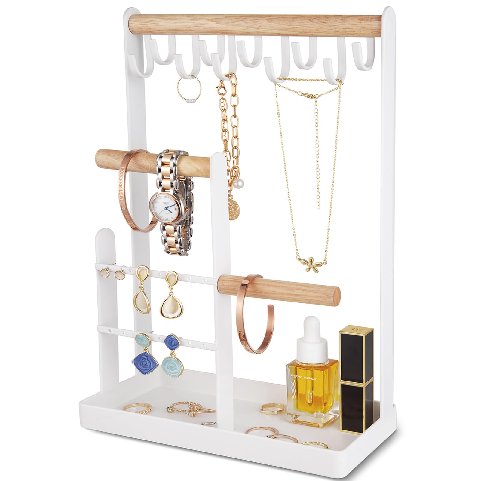 ProCase Jewelry Organizer Stand Necklace Holder, 4-Tier Tower Rack with Earring Tray, 10 Hooks Necklaces Hanging Small Jewelry D