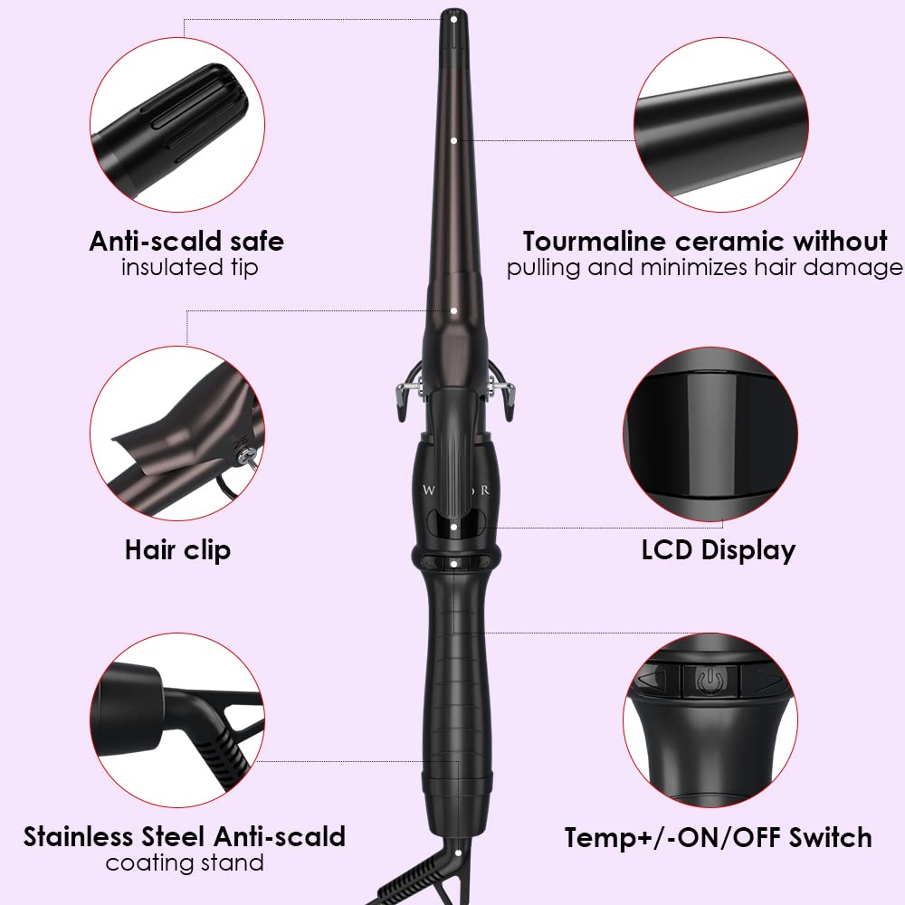 Professional 1-1/2'' Tapered Curling Wand With Short Clamp, Ceramic Curling Iron For Long Lasting Curls Or Waves, Hair Curling I