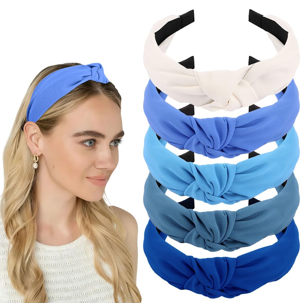 AHONEY 5 Pack Blue Knotted Headbands for Women Girls Trendy Fashion Thick Headbands Top Knot Non Slip Cute Hair Accessories Head