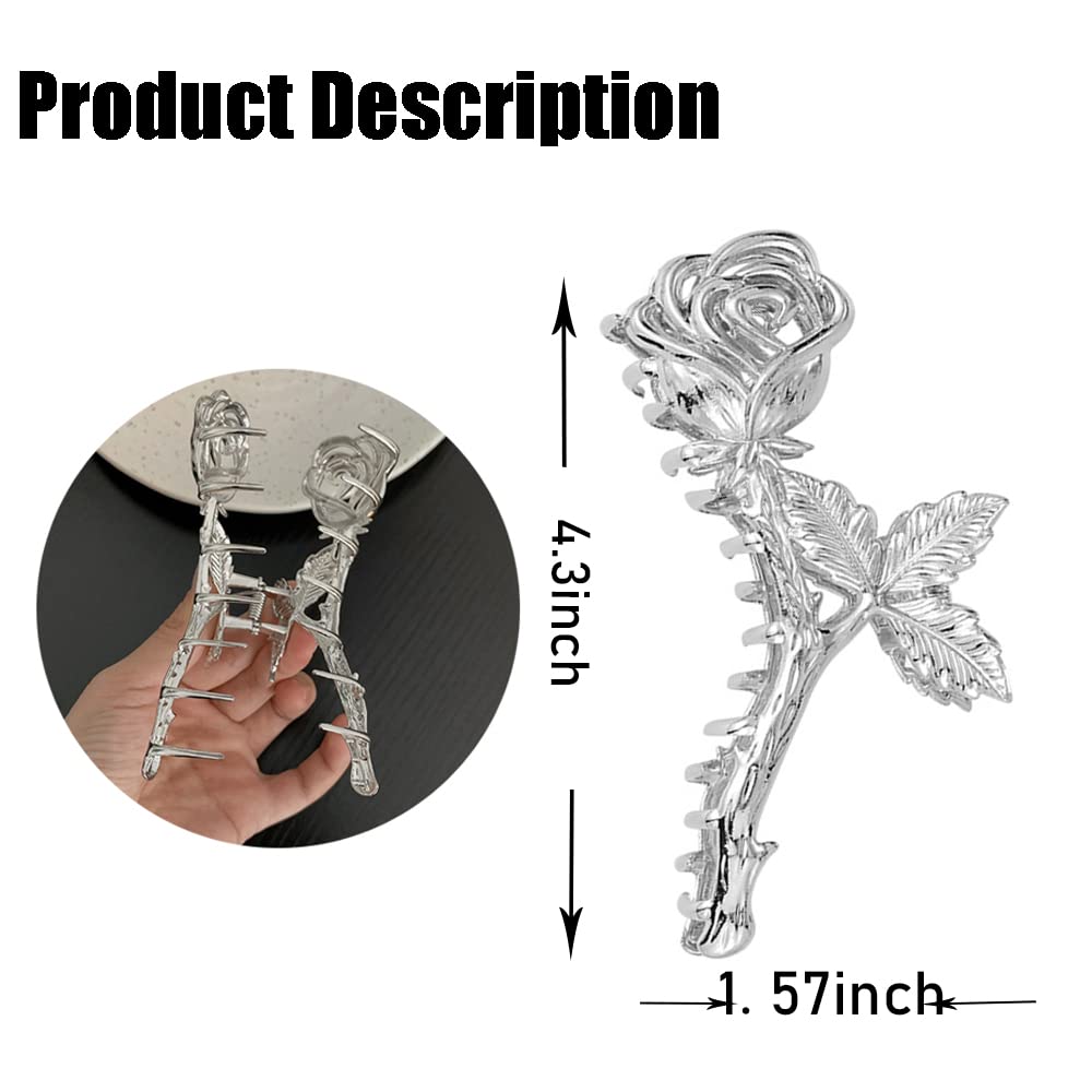 Flower Hair Claw Clips Metal Silver Rose Hair Clips Large Non-Slip Headdress Hair Crab Clip Thick Hair Jaw Clips Hair Strong Gri