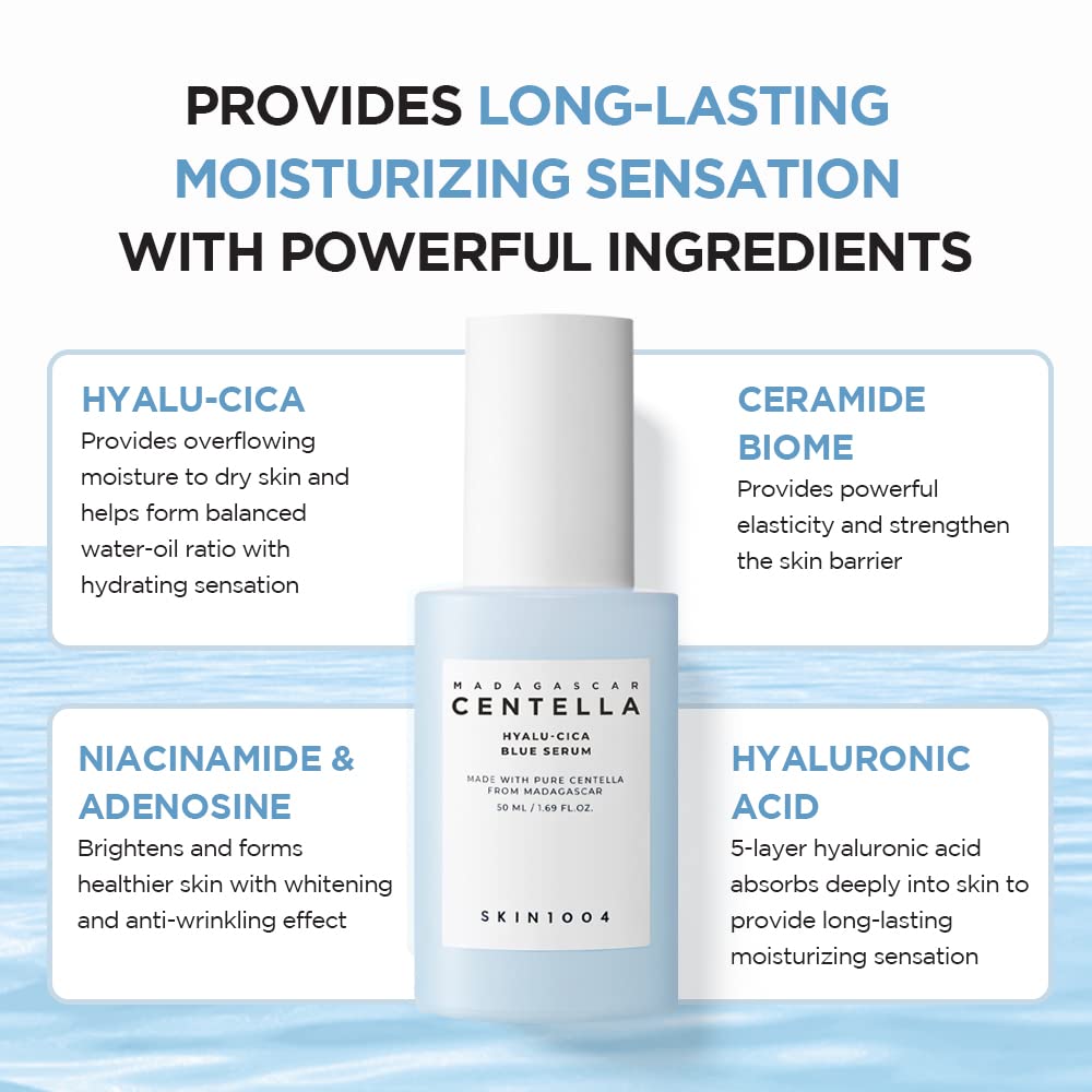 SKIN1004 Hyalu-CICA Blue Serum 1.69 fl.oz, 50ml, 5 Layer Hyaluronic Acid Cica Niacinamide, Hydrating and Refreshing Multi-Care S