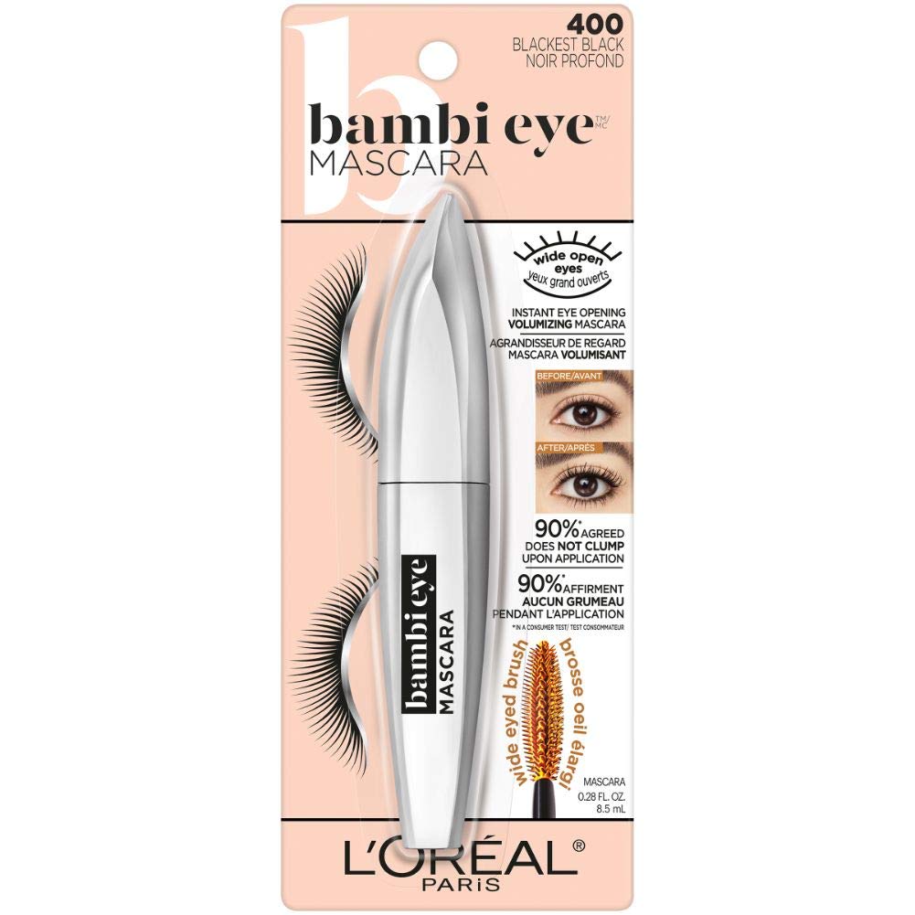 L'Oreal Paris Makeup Bambi Eye Mascara, Lasting Volume, Length & Lift, Doe-eye Definition, No Clumping, Washable, Blackest Black