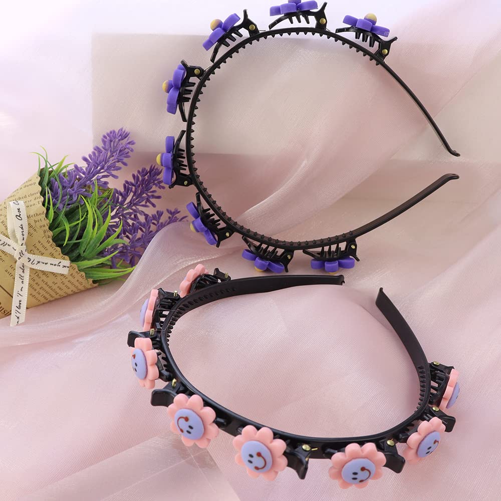 TCOTBE 2 Pack Cute Double Layer Braided Headbands with Clips Double Bangs Cartoon Twist Plait Hairbands Hollow Woven Headband Sw
