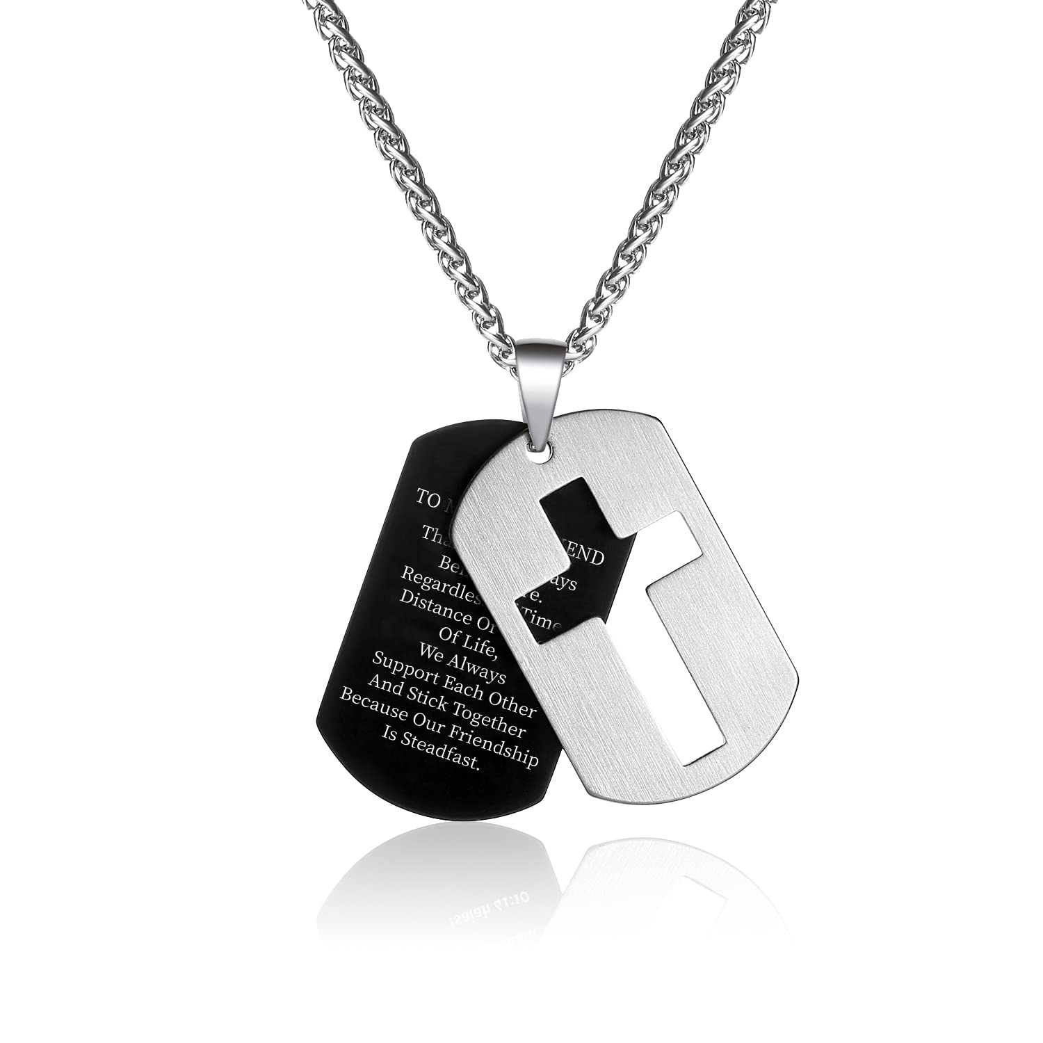 P.Blake Dog Tag Cross Necklace for Friend Stainless Steel Cross Pendant Christian Religious Jewelry Christmas Gifts for Men Boys