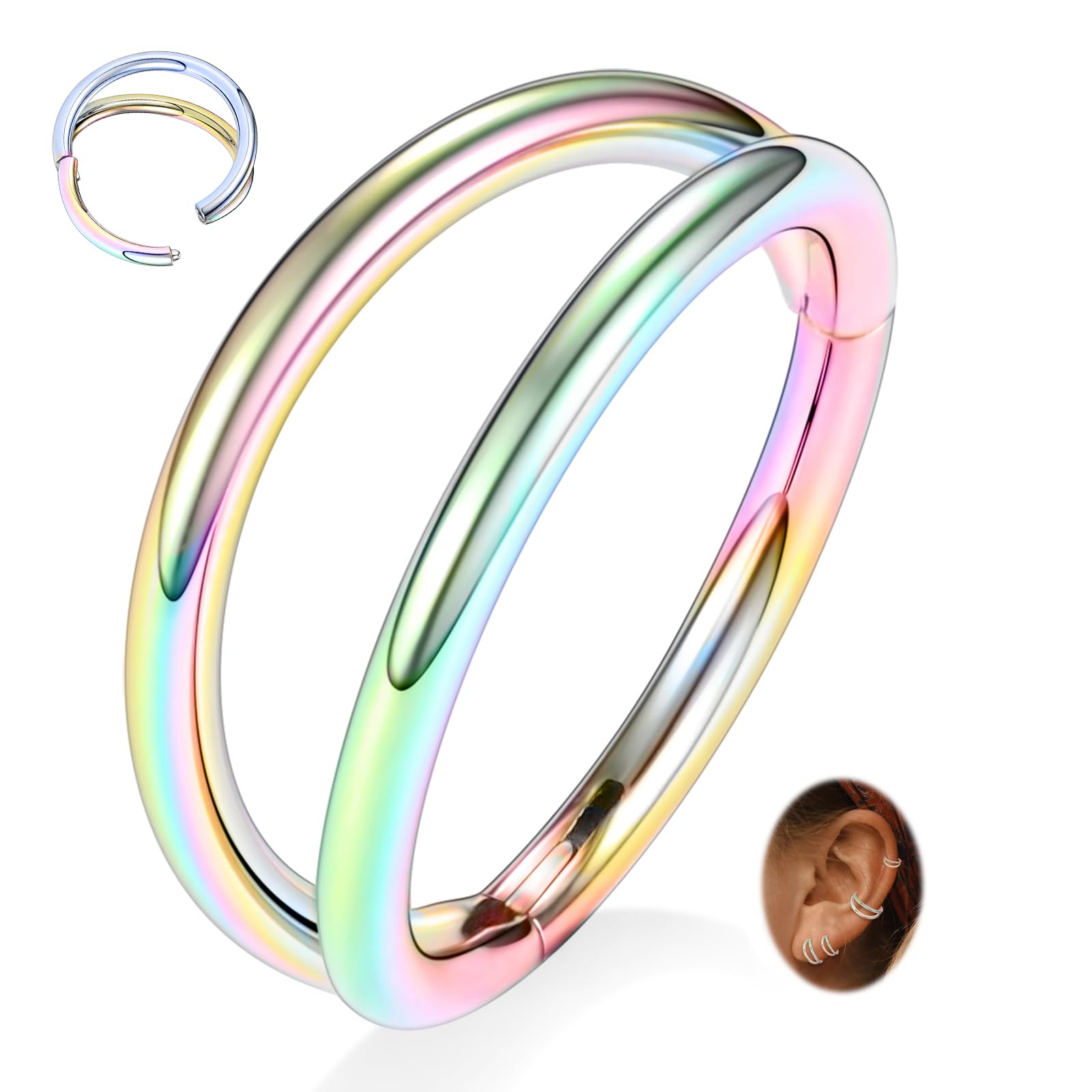 Rainbow Nose Ring Double Nose Hoop Conch Earring for Women 20 Gauge 11mm