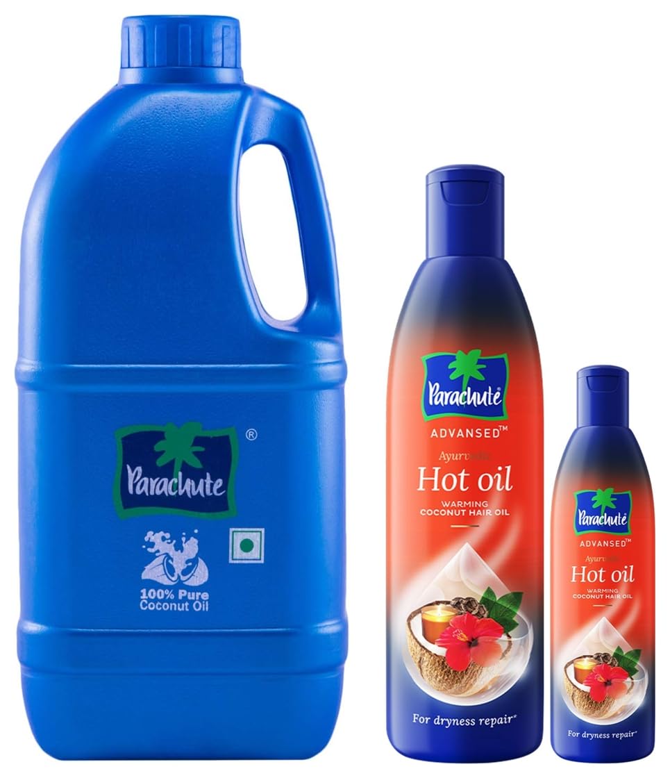 Parachute 100% Pure Coconut Oil, 1 L (Pet Jar) & Advansed Ayurvedic Hot Oil, Warming Coconut Hair Oil, Frizz Free Hair, 400Ml Wi