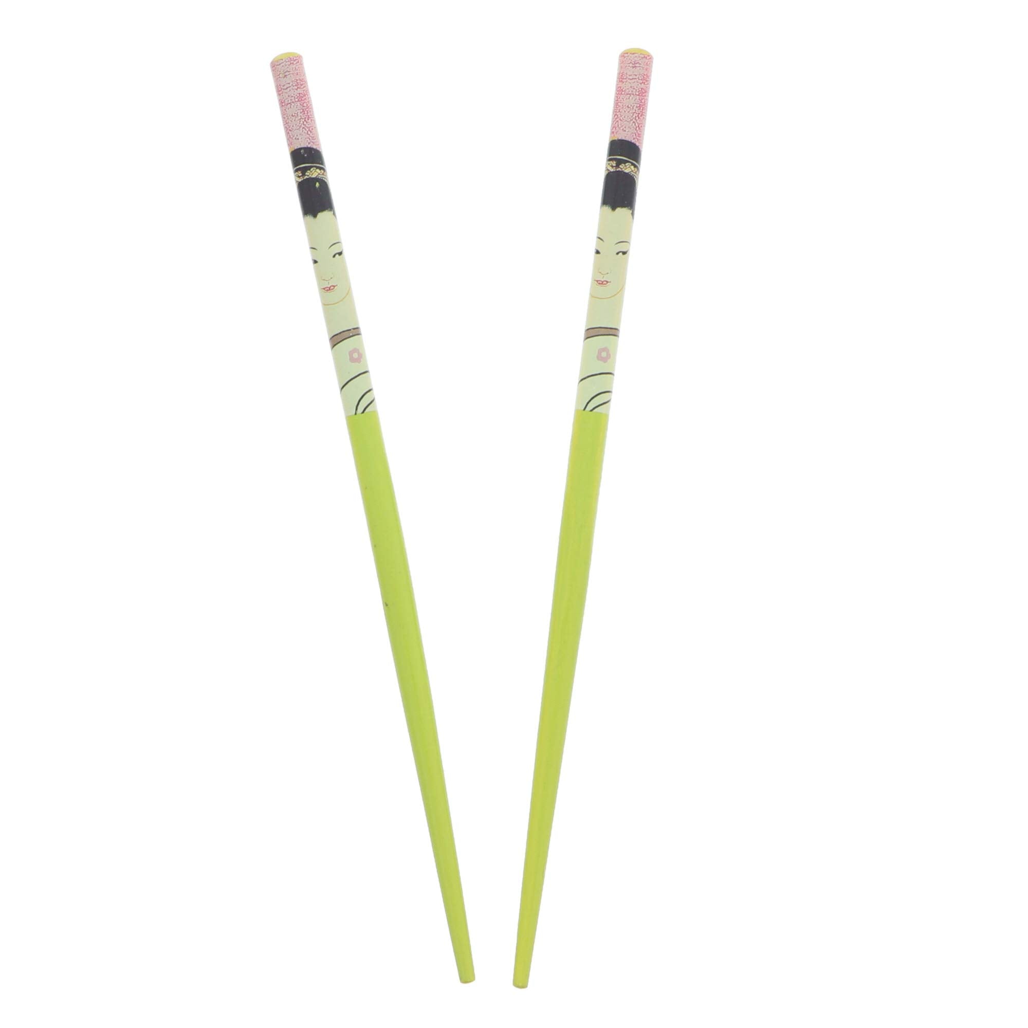 Two 7.25 inch Long Chinese Lady Print Wood Hair Sticks for Women Green