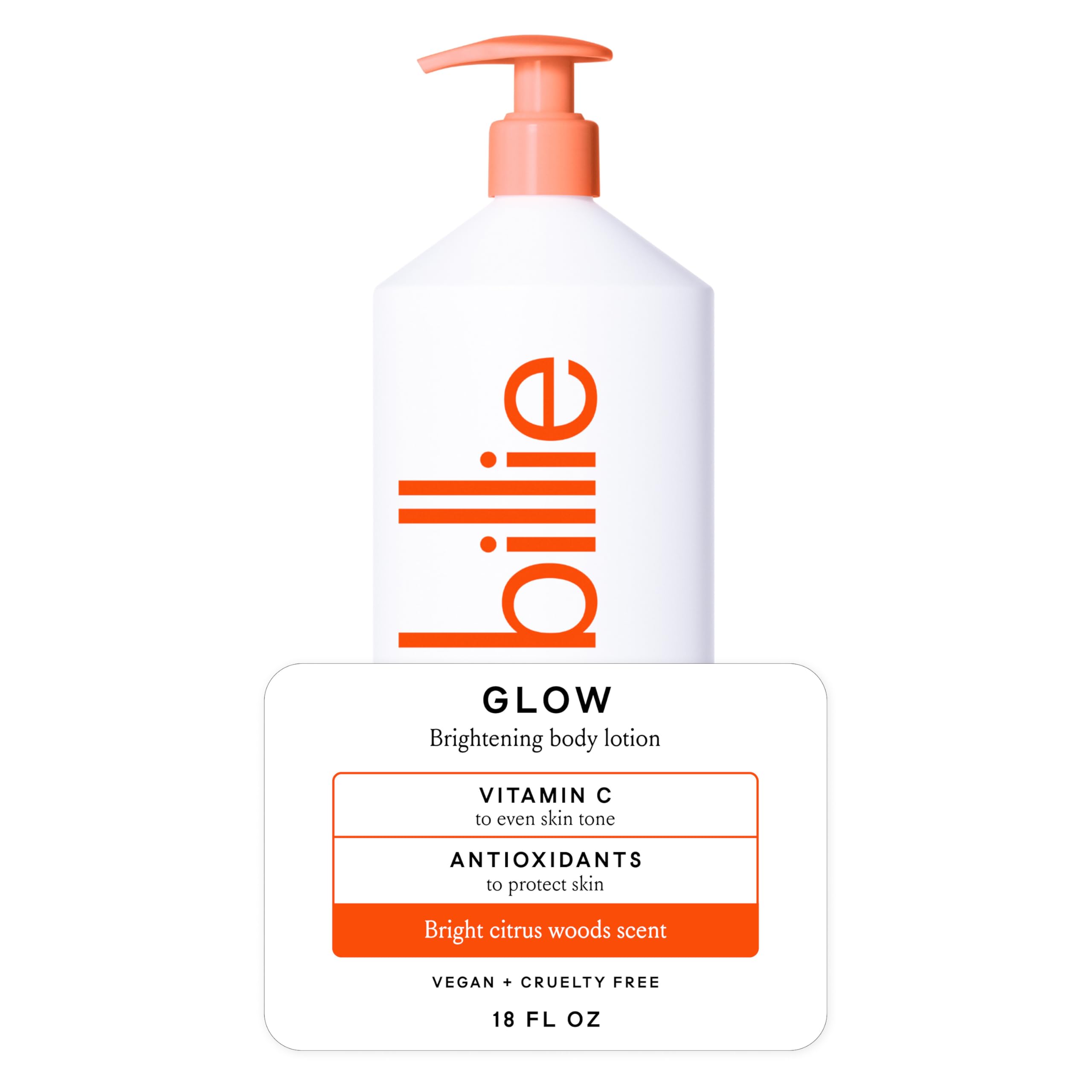 Billie Glow Brightening Womens Body Lotion, Citrus Woods Scent, With Vitamin C, 18 fl oz