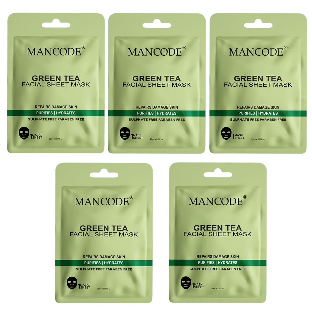 Mancode Green Tea Facial Sheet Mask 25Ml Smoothen Rough & Dry Skin Calming Firming Pore Reducing, Brightening And Enhances Daily