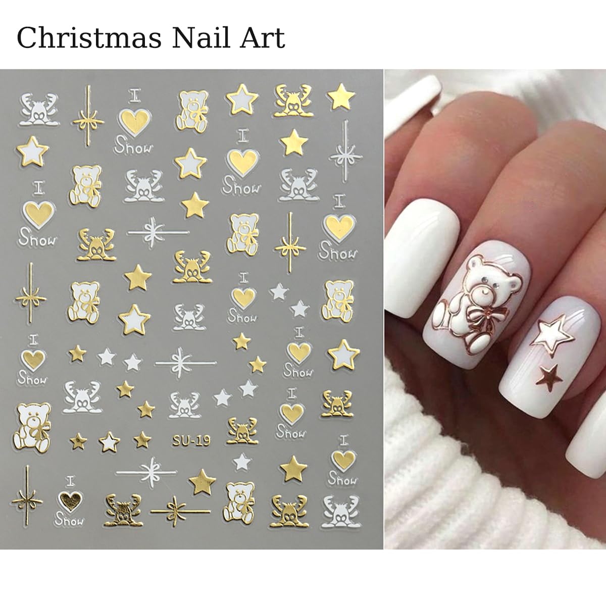 8 Sheets Christmas Nail Art Stickers 3D Metallic Nail Decals Elk Snowflake Xmas Tree Winter Xmas Nail Design Gold Silver Self Ad