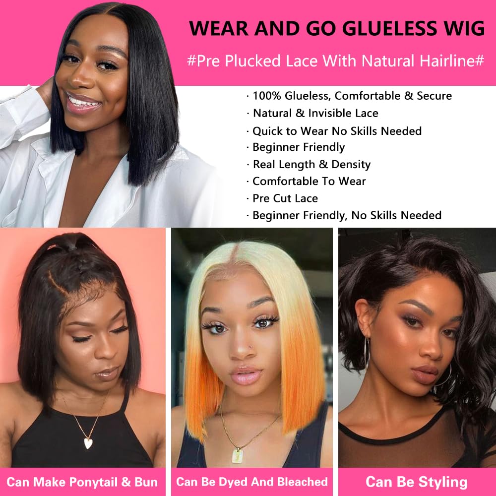 Wear And Go Glueless Bob Wigs Human Hair Pre Plucked Natural Hairline Straight Short Bob Wig 180 Density 4X4 Hd Lace Closure Wig