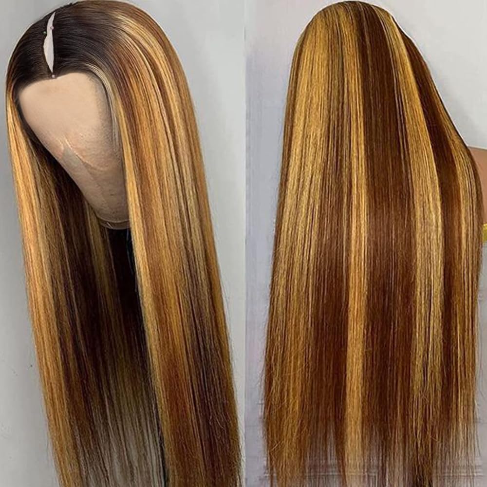 Pobokix Highlight Ombre V Part Wigs Human Hair Straight Balayage Blonde V Part Human Hair Wigs 180% Density Glueless Full Head C