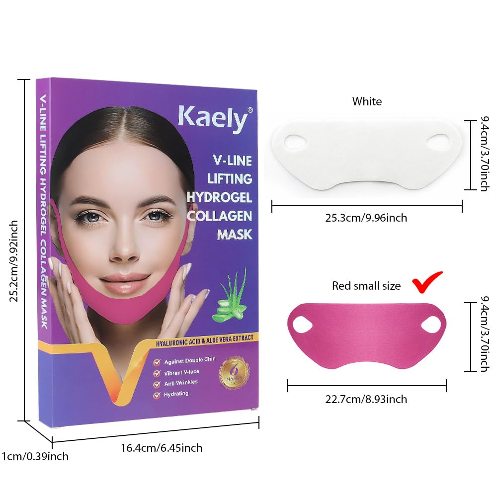 Kaely 6Pcs V Line Lifting Mask,V Line Chin Strap,V Shaped Contouring Face Mask With Collagen,Hydrating Anti-Aging,Red-Small Size