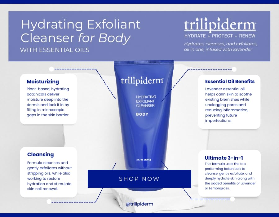 Trilipiderm Hydrating Exfoliant Cleanser - BODY, Antioxidant-Rich 3-in-1 Body Wash, Scrub and Hydrator, 3 Ounce Tube