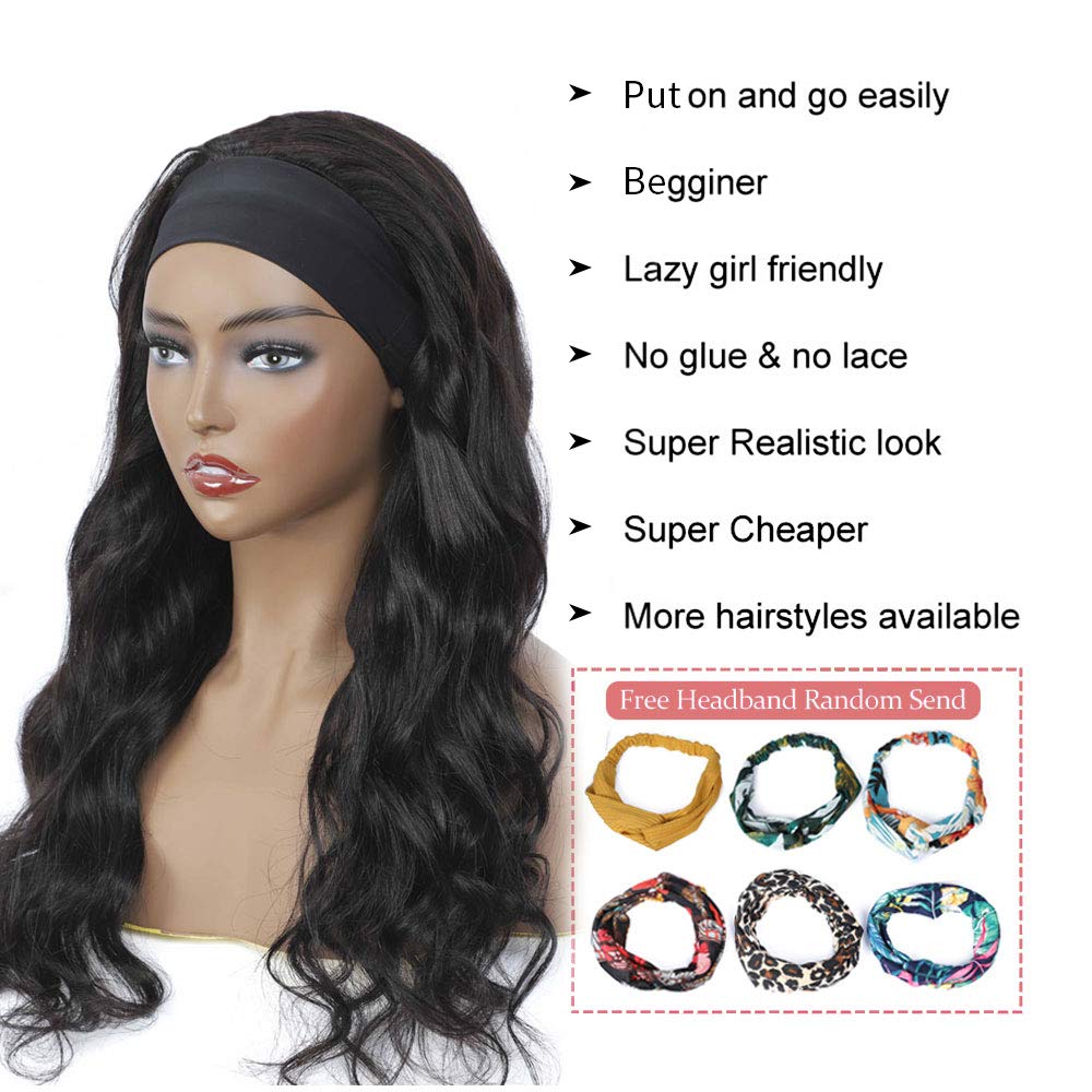 higher Body Wave Headband Human Hair Wig 14 Inch Glueless None Lace Front Wig Brazilian Virgin Hair Wear and Go Wigs for Black W