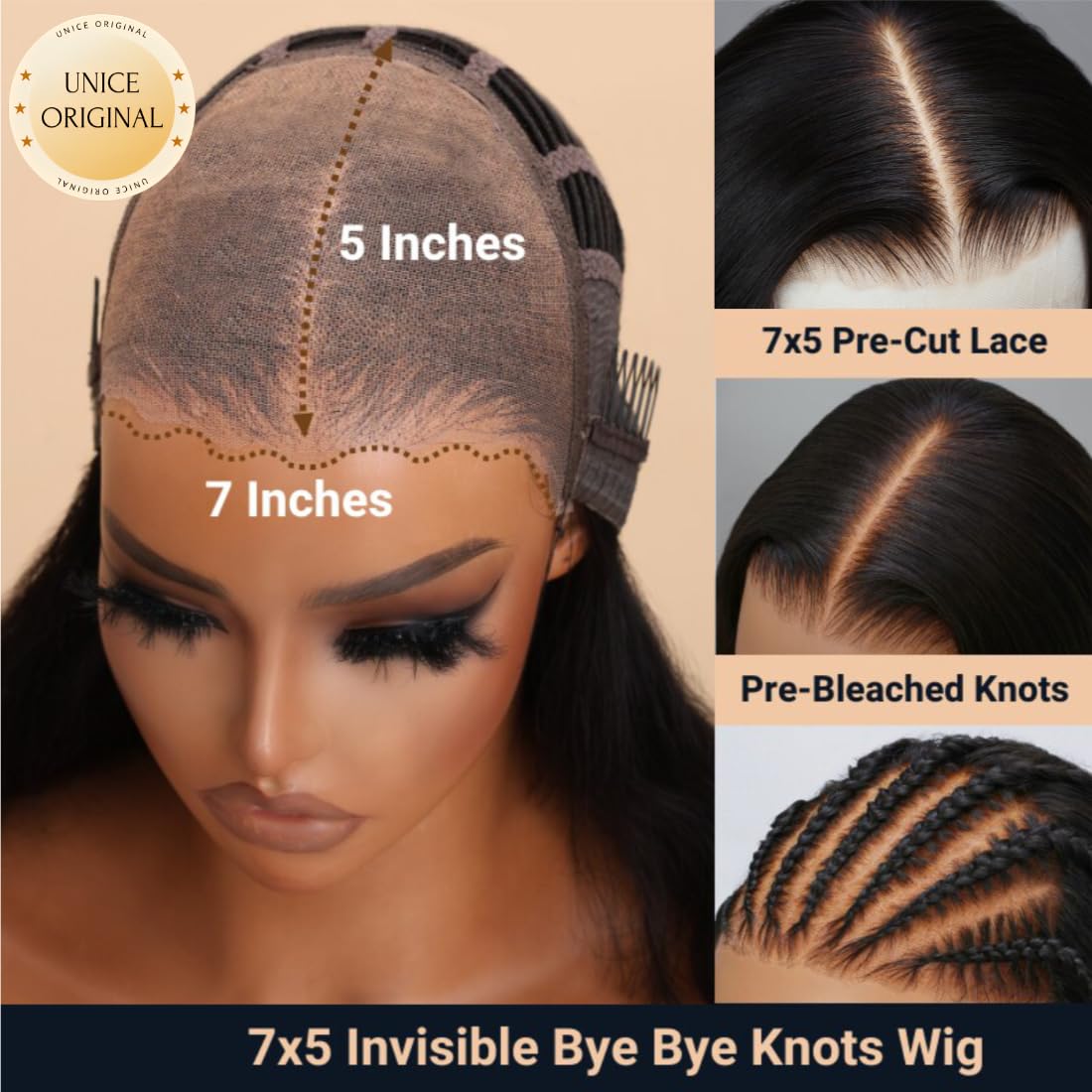 Unice Bye Bye Knots Bob Wig Human Hair Pre-Bleached Invisible Knots 7X5 Lace Front Wigs Human Hair Pre Everything Glueless Wigs