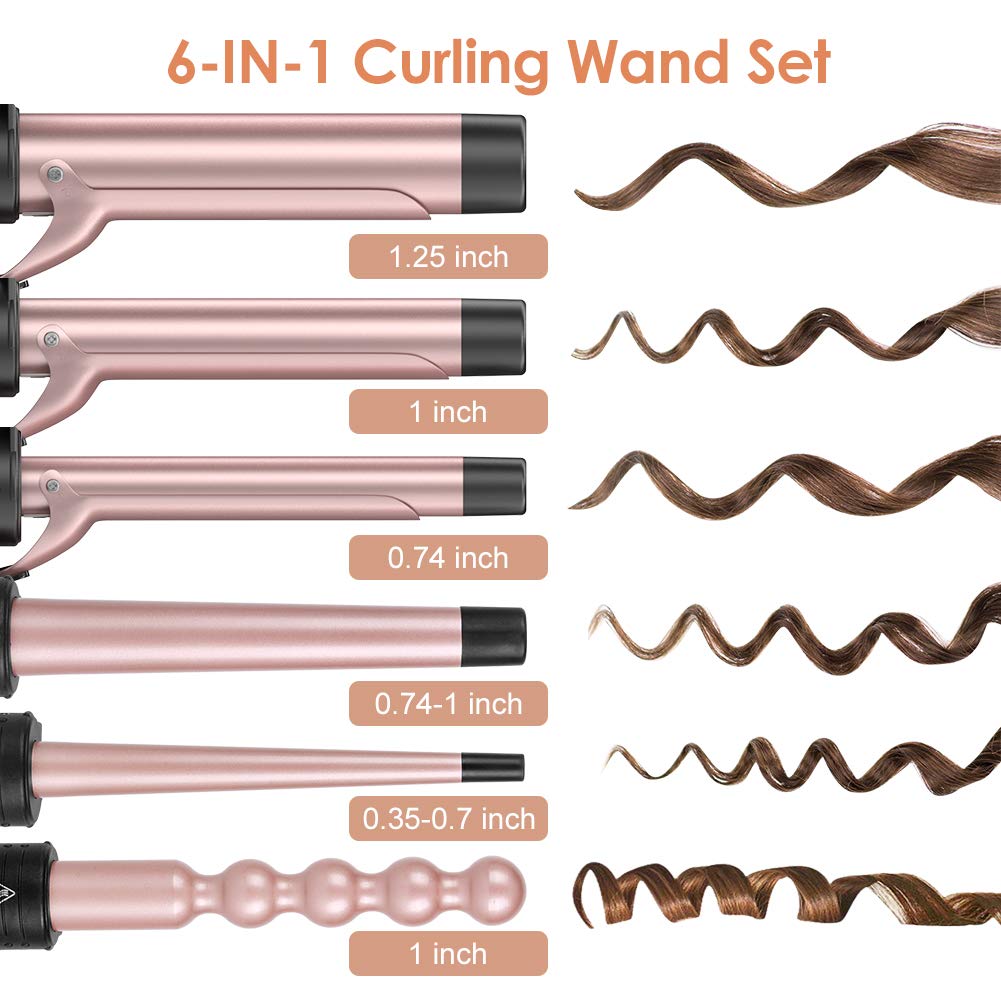 Duomishu 6-in-1 Curling Iron Set, Ceramic Barrels, Rose Gold, 10 Piece, Model 06005, Adjustable Temperature, Heat Protective Glove & Clips