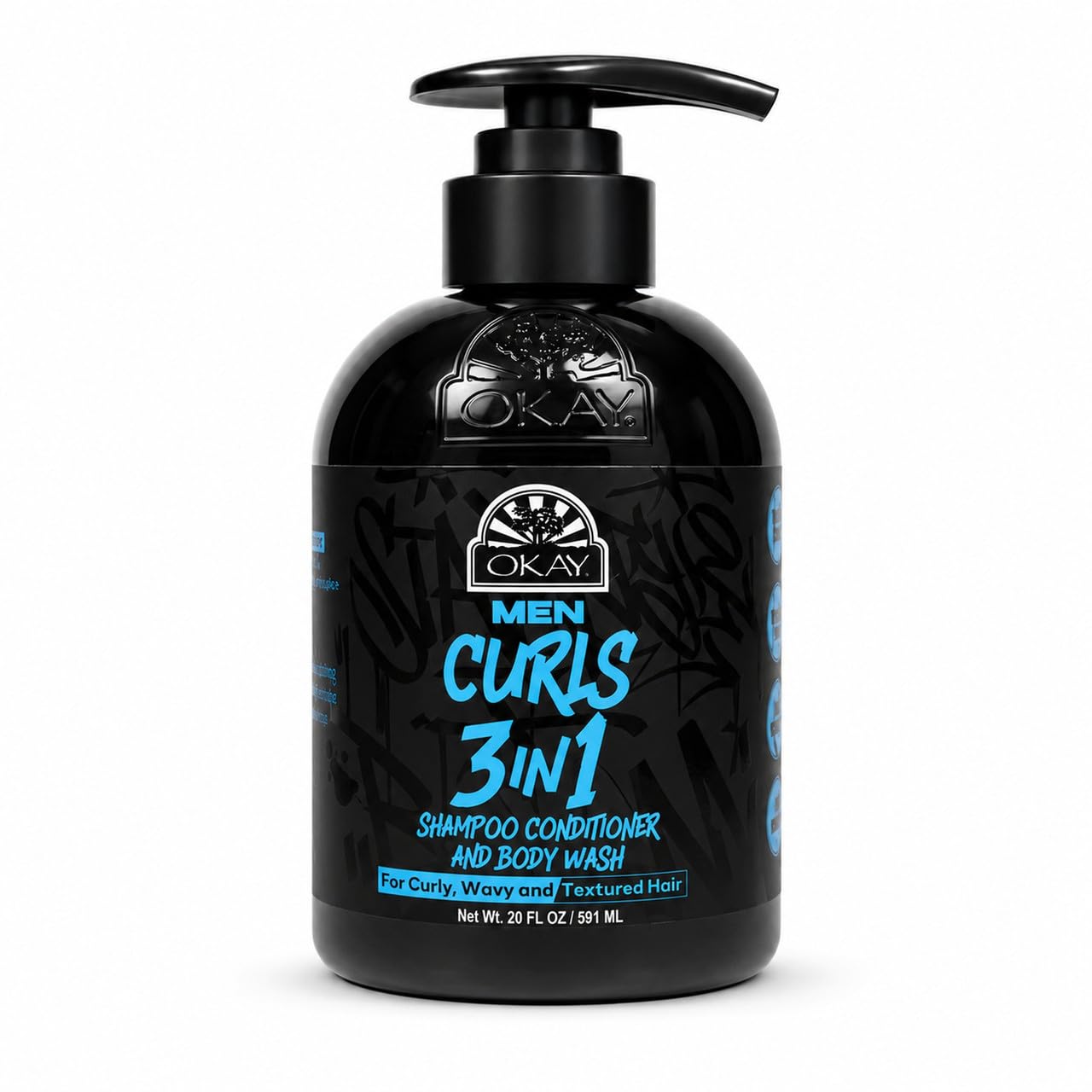 OKAY Mens Curls 3 in 1 Shampoo Conditioner and Body Wash, 20 oz, Hydrating Curl Enhancer for Curly Wavy Coily Textured Hair and
