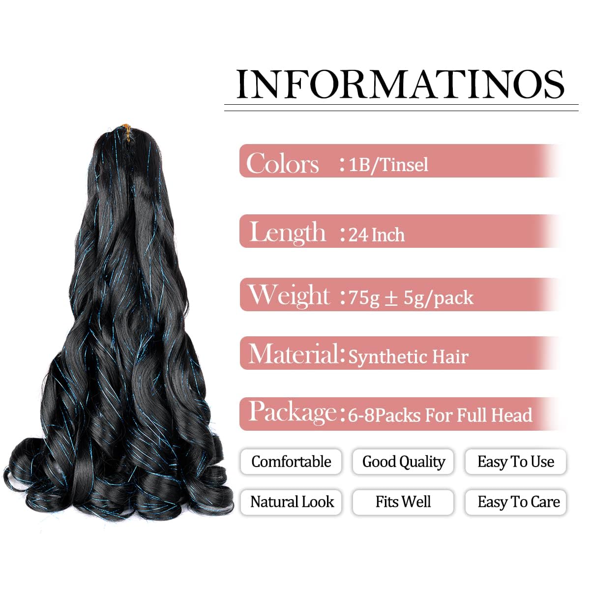 French Curly Braiding Hair 24 Inch Loose Wavy 8 Packs Bouncy Braiding Hair Extensions With 1B/Blue Hair Tinsel 75G/Pack Syntheti