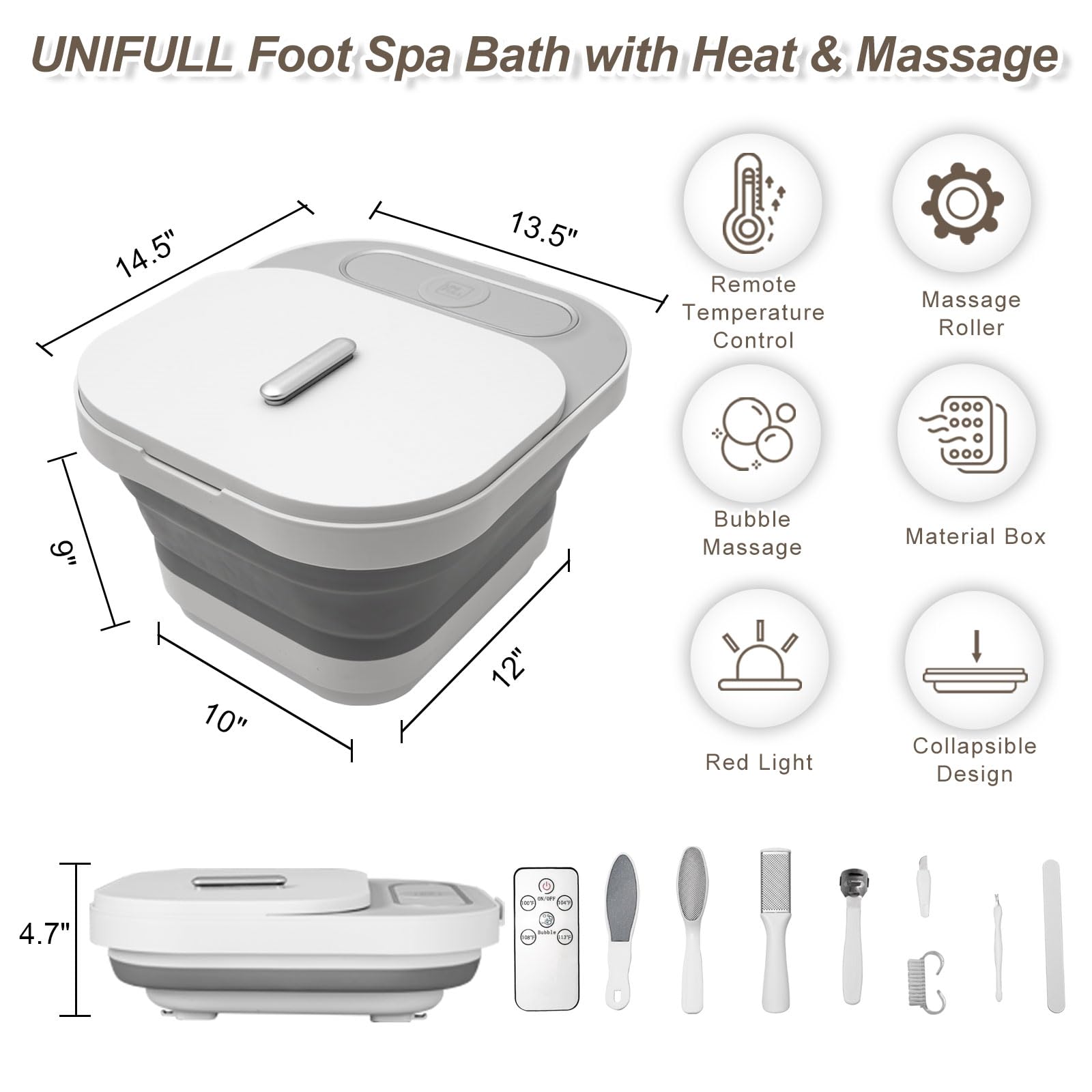 UNIFULL Collapsible Foot Spa Bath with Heat and Massage Rollers, Bubble, Foot Pedicure Kit, Temperature Control, Red Light, Pedi