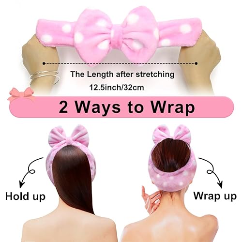 Shintop Women Fashion Lovely Soft Carol Fleece Bowknot Bow Makeup Cosmetic Shower Elastic Hair Band Hairlace Headband (Pink Polk