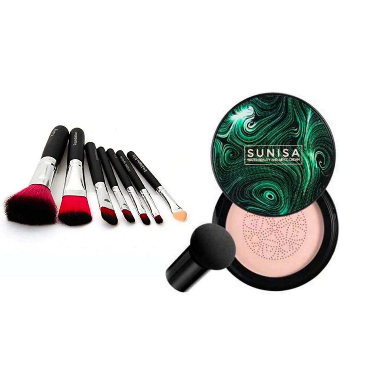 Sunisa 3 In 1 Air Cushion Cc And Bb Cream Waterproof Foundation Mini 7 Piece Brush Set For Women (Set Of 2)