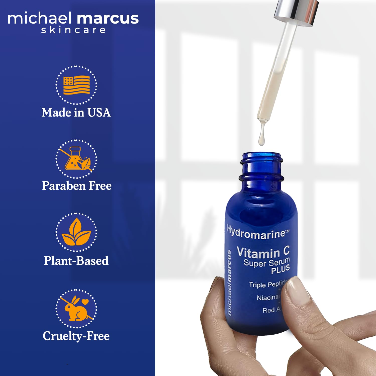 Michael Marcus Hydromarine Vitamin C Face Serum PLUS with Hyaluronic Acid & Triple Peptides - Reduce Dark Spots, Anti-Wrinkle, A