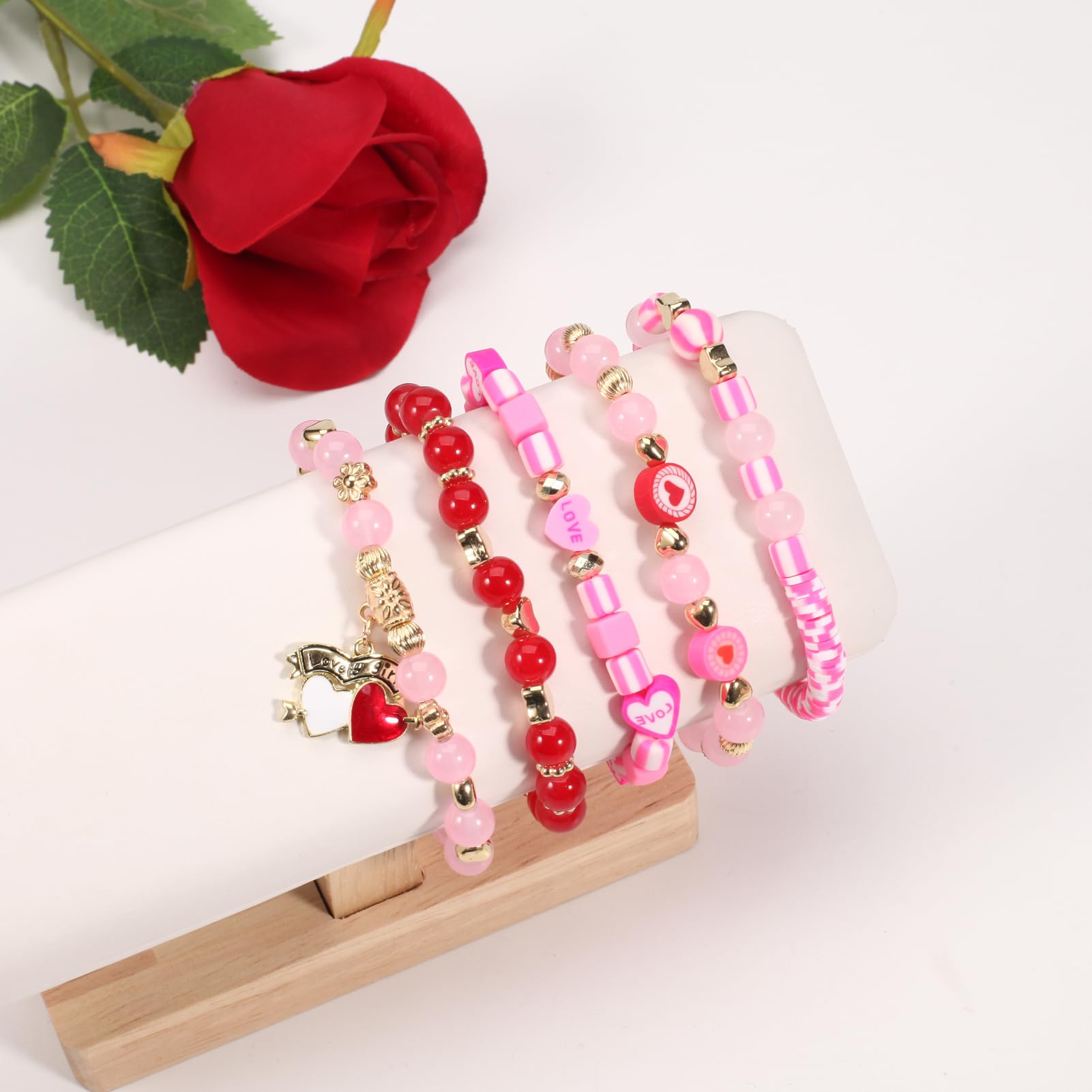 Ardorchid 5 Pack Valentine's Day Heishi Bracelets Cute Pink Red Love Heart Bead Stretch Stackable Bracelet for Women Holiday Bir