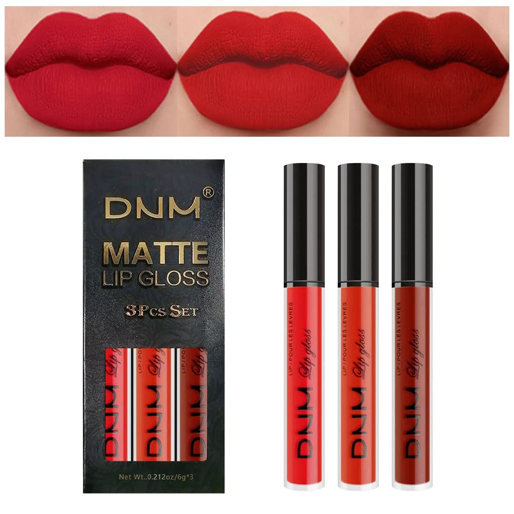 Evpct Dnm 3Pcs Dark Ruby Red Matte Liquid Lipstick Lip Stain Lipgloss Sets For Women 24 Hour Red Matte Lipstick Long Lasting Smu