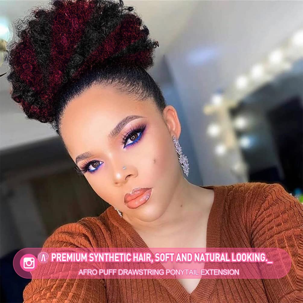 Rosmile Afro Puff Drawstring Ponytail Extension For Black Women, Premium Black To Burgundy 80 Gram Short Synthetic Afro Puff Pon