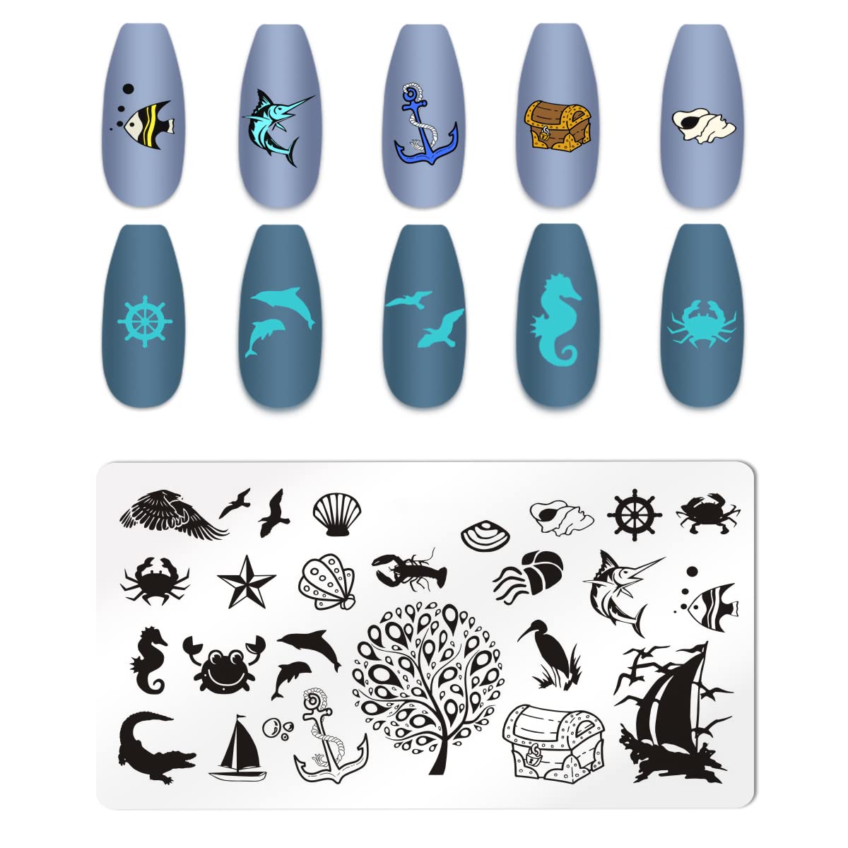 XEAOHESY 6pcs Seaside Scenery Nail Stamping Plate Nail Stamping Kit for Nails Summer Beach Coconut Trees Sunset Waves Sea Animal