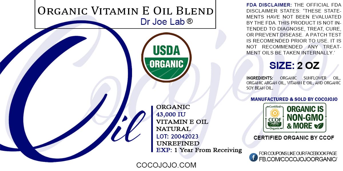 Dr Joe Lab Organic Vitamin E Oil Usda Certified Tocopherol 100% Natural 43000 Iu 2 Oz & Dropper For Skin Face Hair Nails Body Ey