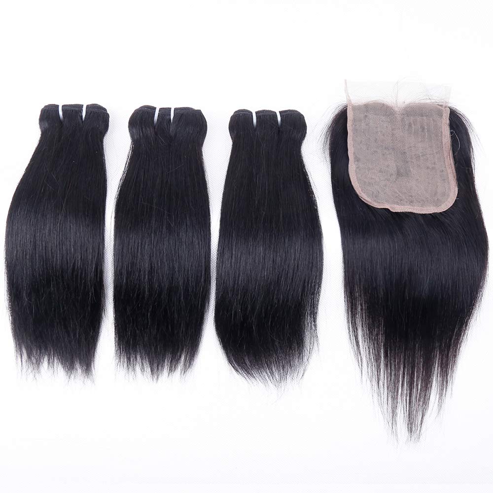 Brazilian Straight Human Hair Bundles With Closure(10 10 10+10) Straight 3 Bundles With Closure 50G/Bundle 10A Unprocessed Strai